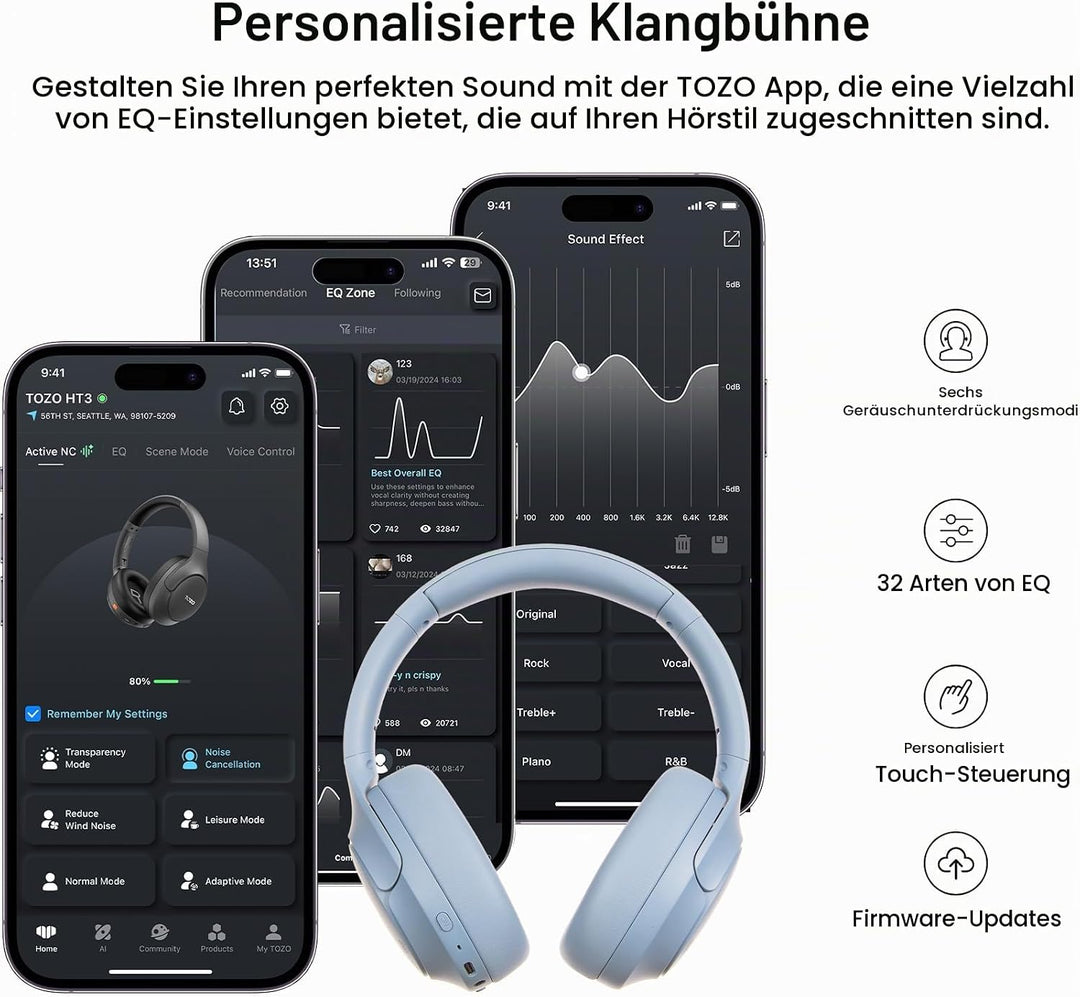 TOZO HT3 Kopfhörer Kabellos Bluetooth Over Ear, Noise Cancelling Kopfhörer mit 5 Mics,90 Std, Hi-Res
