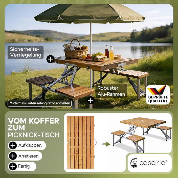 CASARIA® Campingtisch mit Stühlen Klappbar Tragegriff Schirmhalter 4 Personen Picknicktisch Kofferti