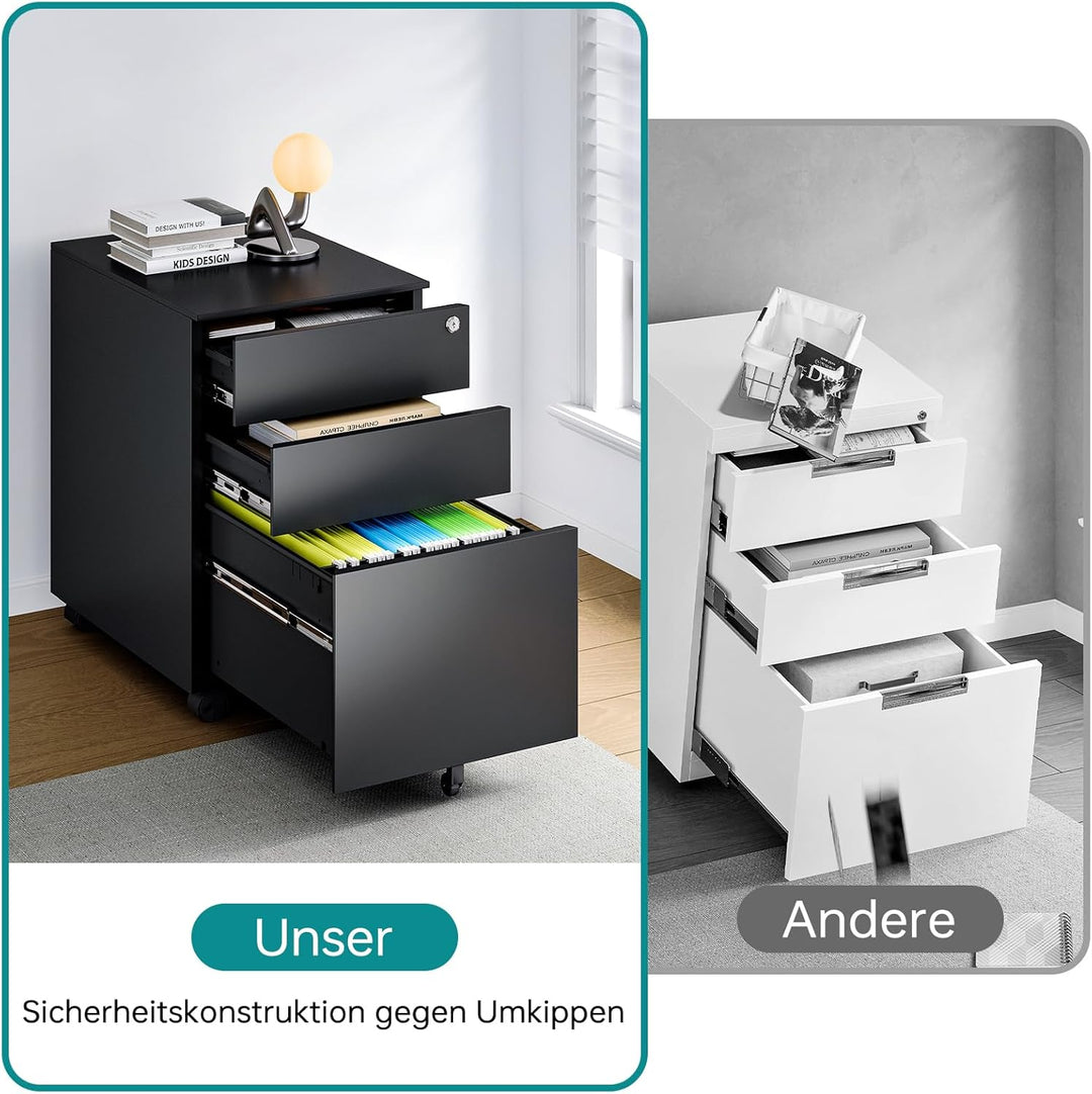 Sightlife Rollcontainer mit 3 Schubladen, Abschliessbar Schublade unter Schreibtisch Container Schre