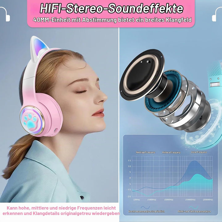 Katzenohr Kopfhörer Kindergeburtstag Geschenke Kind LED Katzenohren Farbgradient Kabellose Bluetooth