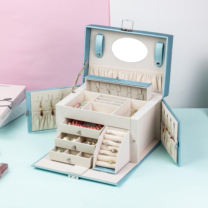 ADEL DREAM Schmuckkasten, Schmuckkoffer, gross, abschliessbar, 4 Ebenen mit 3 Schubladen, mit Spiege