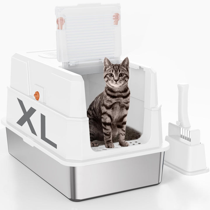 SZEE XL Edelsthal Katzenklo mit 180° Klappdeckel, Grosse Geschlossene Katzentoilette Edelstahl mit D