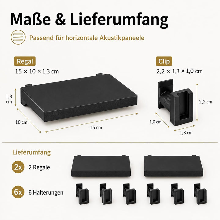 2er Set Regal für Akustikpaneele Horizontale Ohne Bohren 15×10cm | Zubehör Akustikpaneele Wandorgani