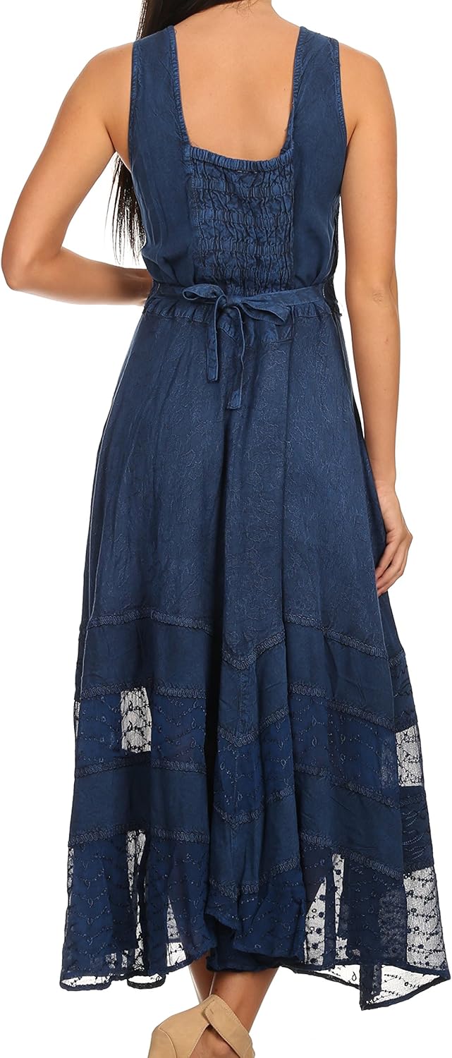 Sakkas Zendaya Stonewashed Rayon Embroiderot Floral Vine Ärmelless V-Neck Kleid XL-XXL Grosse Grösse