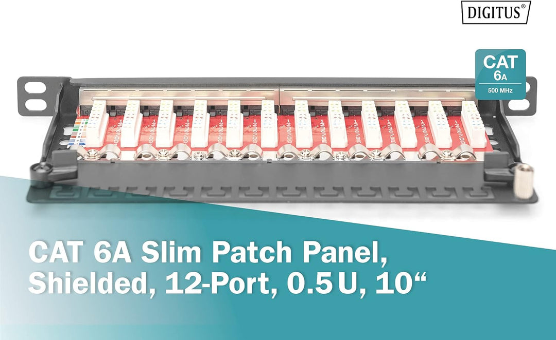 DIGITUS Cat-6A Patchpanel - 12 Ports - RJ45-Buchsen - 10-Zoll Rack-Mount 0.5HE - LSA Verteilerfeld -