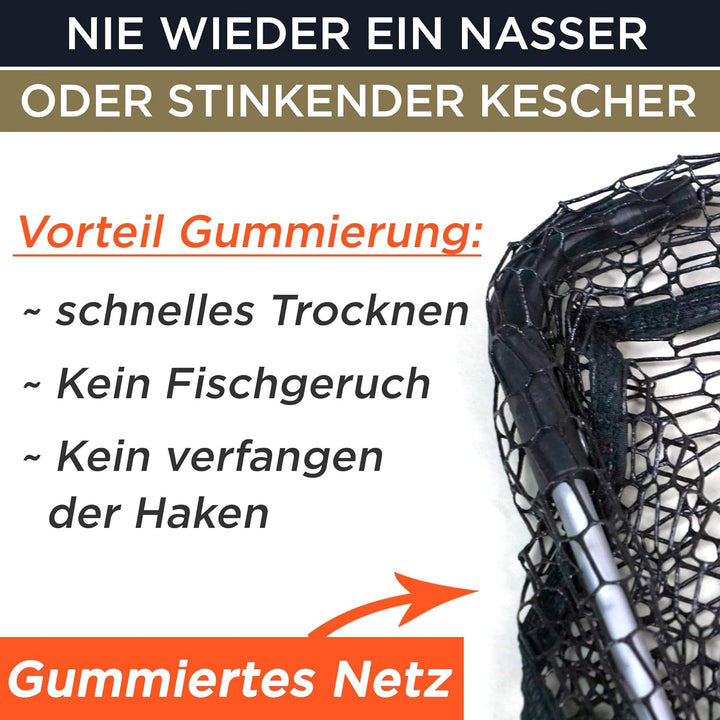 Q-Tac Kescher gummiert mit Hammerkopf [robust & stabil] Teleskop Kescher Angeln, Angel Kescher faltb