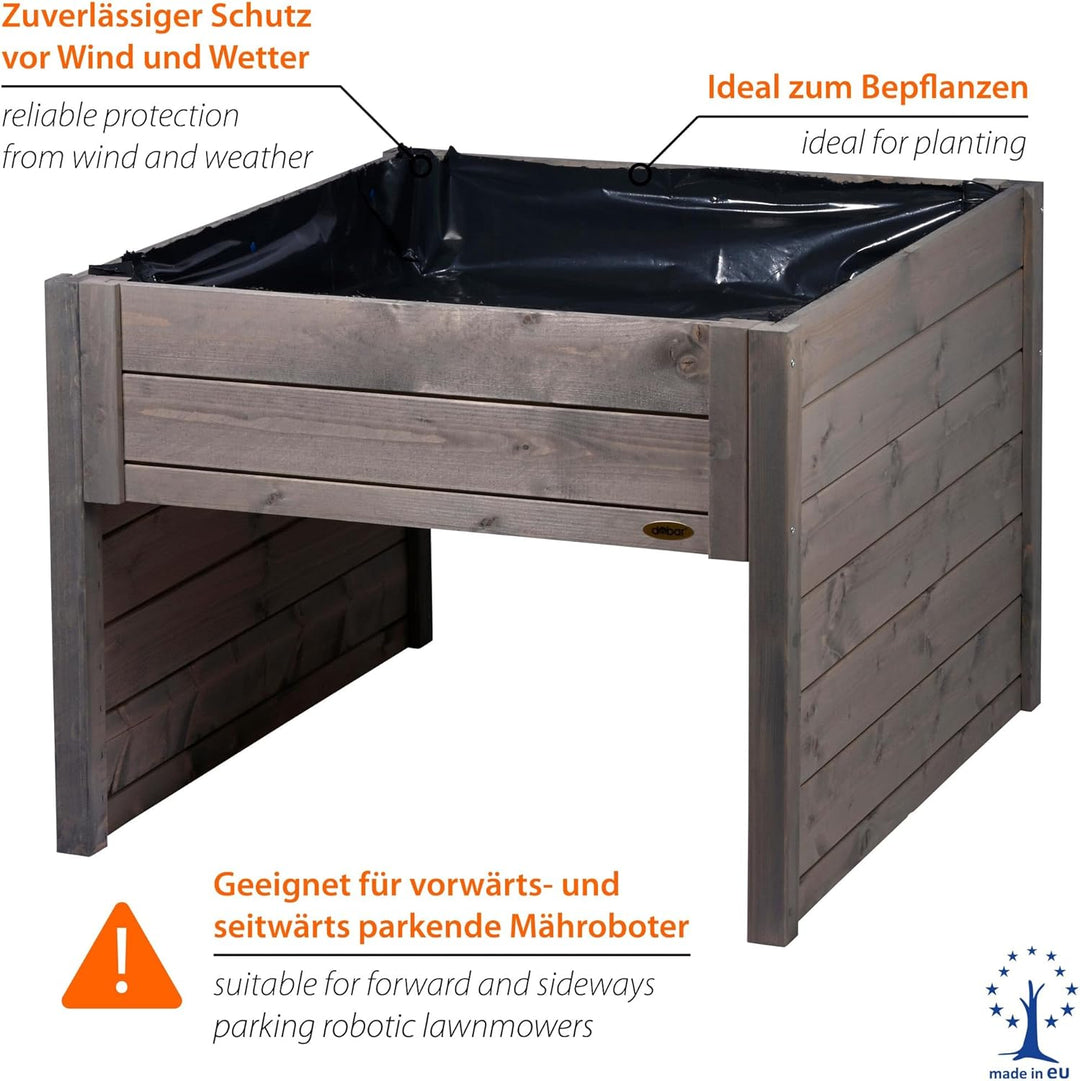dobar® Grosse Mähroboter-Garage aus Holz mit Pflanzkasten inkl. Folie - Rasenmäher Garage - 79 x 73