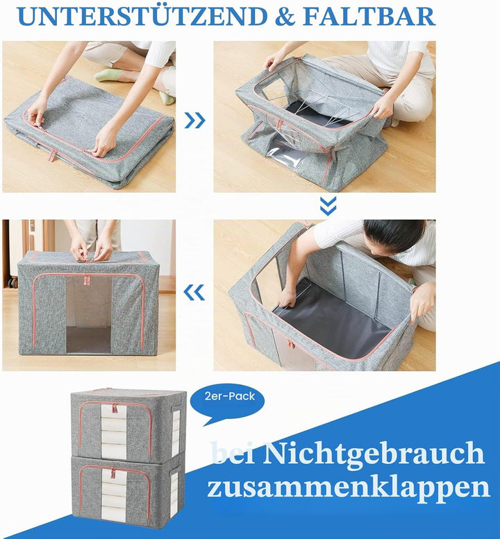 Aufbewahrungsbox 2 Stück, Kleiderschrank Organizer Faltbar Kleideraufbewahrung Box mit Metallrahmen,