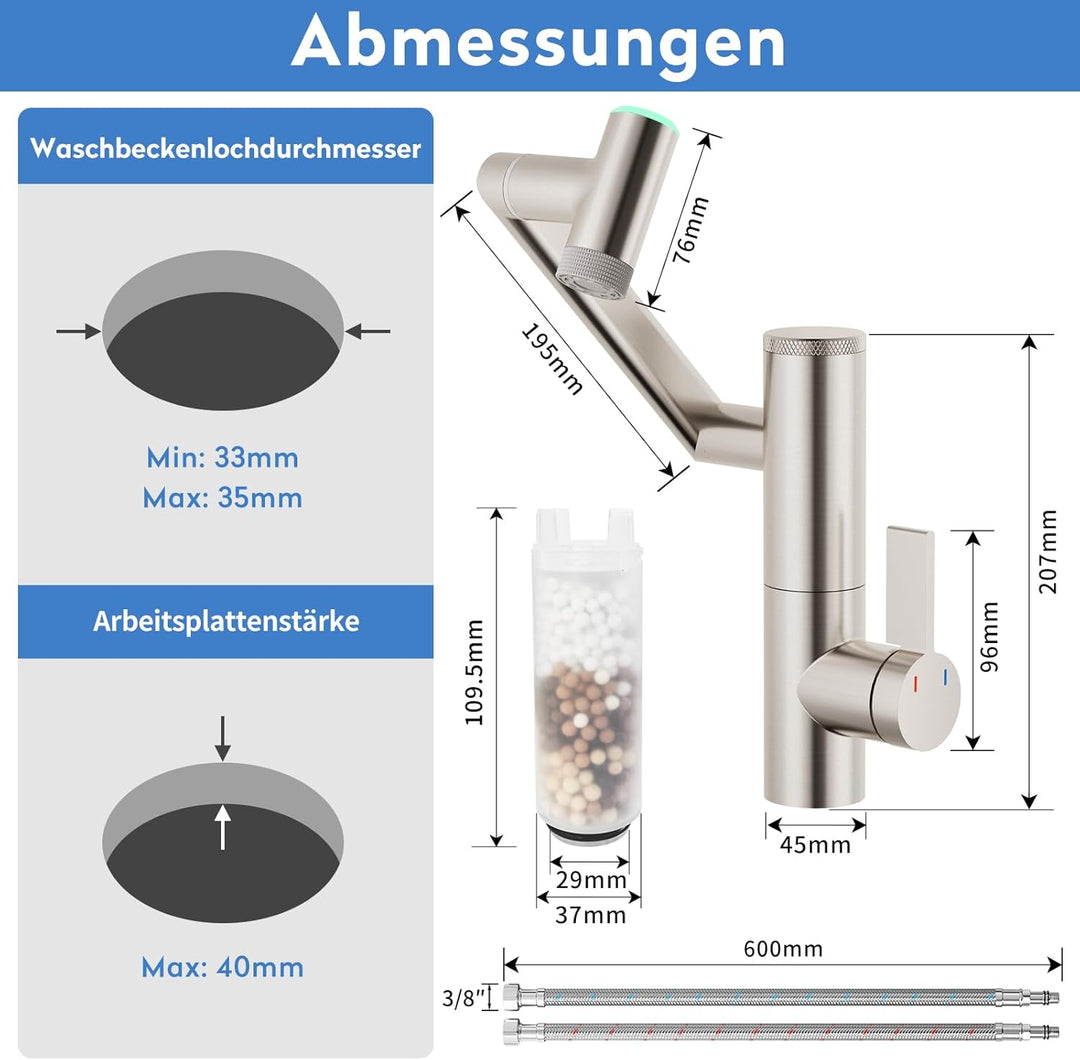 JONKEAN 1080 ° Drehbare Wasserhahn Bad mit Filter, Waschbecken Armaturen mit Temperaturanzeige, Einh