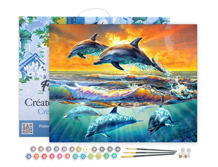 Figured'Art Malen Nach Zahlen Erwachsene Mit Rahmen Delfine im Sonnenuntergang - Paint by Numbers Ba