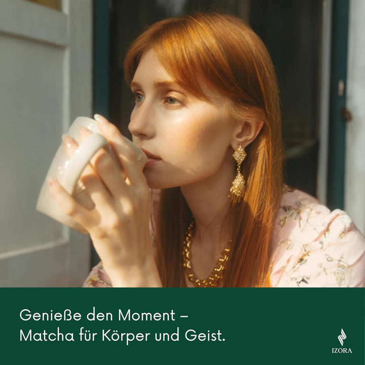 Izora Premium Matcha Set – handgefertigtes Zubehör aus Keramik & Bambus, inkl. Edelstahl-Sieb, Rezep