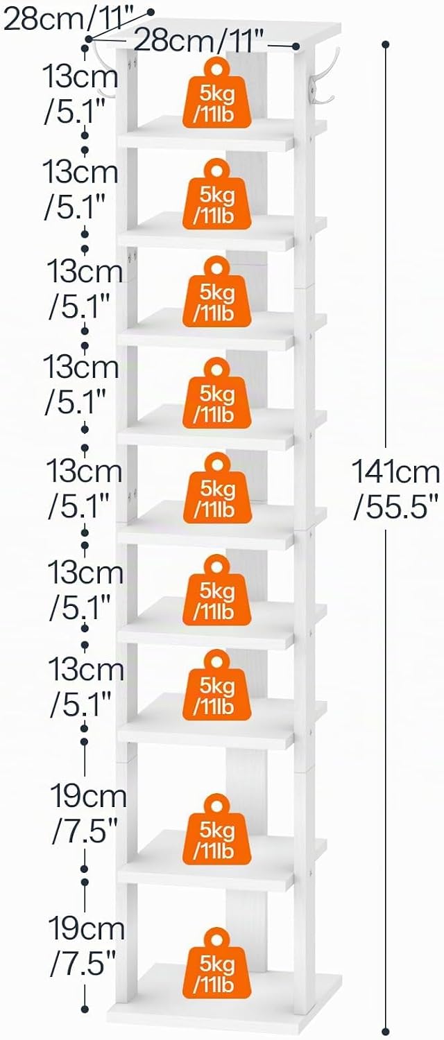 HOOBRO Schuhregal, Standregal, 10-stöckiger Schuhorganisator, schmales Schuhablage, mit Haken, geeig