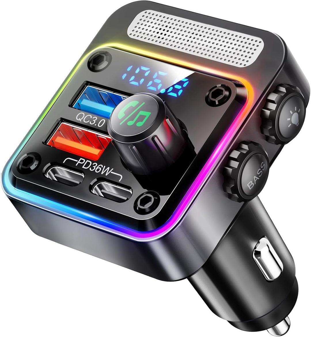 Nulaxy Bluetooth 5.3 FM Transmitter 54W [PD 36W & QC3.0 18W] Schnelles Autoladegerät mit 4 Ladeansch