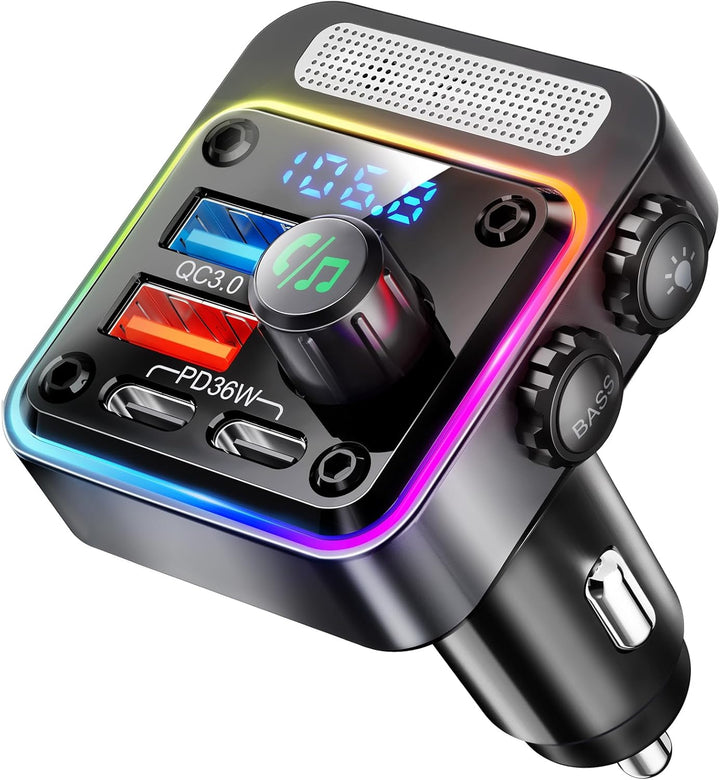 Nulaxy Bluetooth 5.3 FM Transmitter 54W [PD 36W & QC3.0 18W] Schnelles Autoladegerät mit 4 Ladeansch