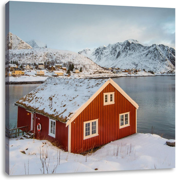 Pixxprint Fischerhaus an den Lofoten Inseln, Format: 70x70 auf Leinwand, 70x70