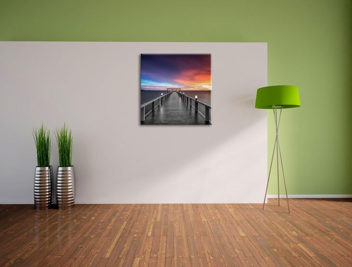 Pixxprint Moderner Holzsteg ins Meer Schwarz/Weiss, Format: 70x70 auf Leinwand, 70x70