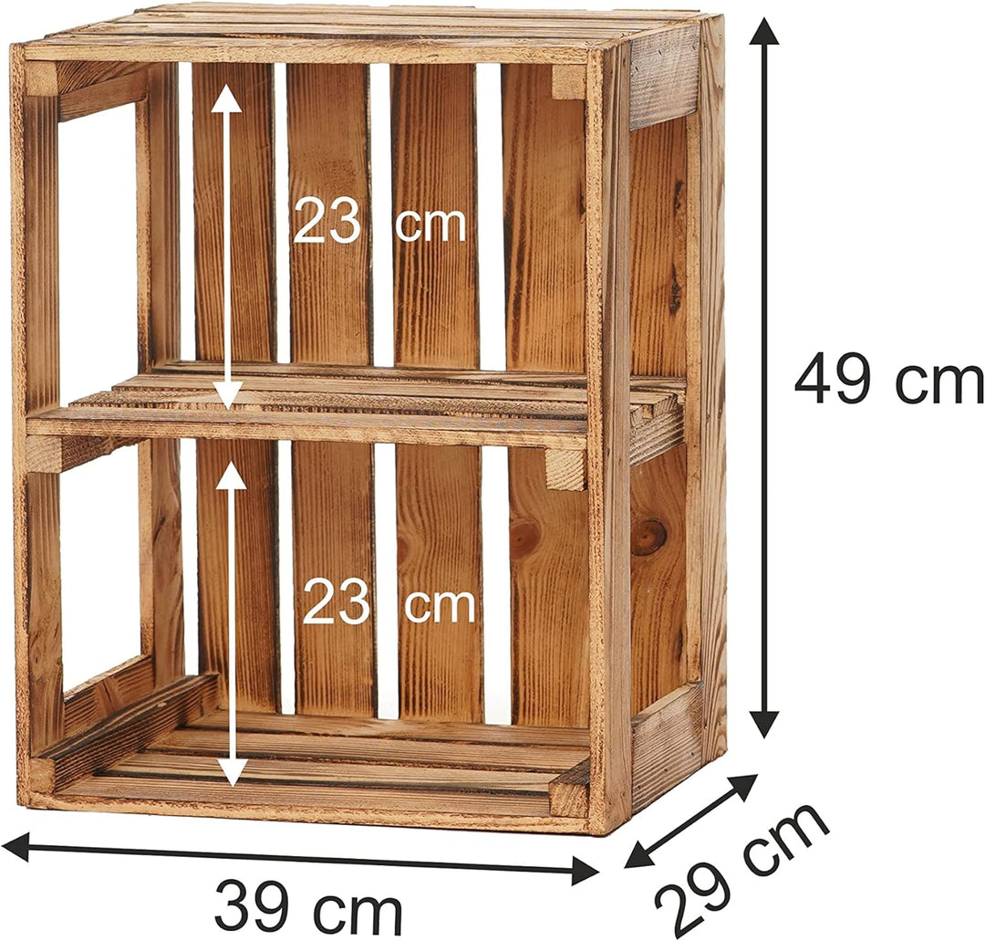 GrandBox Geflammte Holz-Kiste 50x40x30cm 3er Set mit Mittelbrett, Wein-Kiste, Obst-Kiste, Kaminholz-