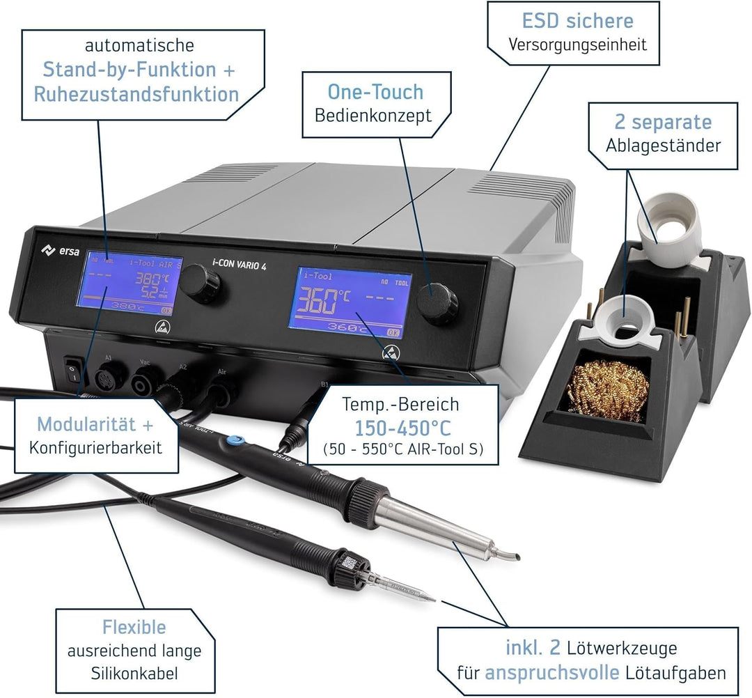 ERSA i-CON VARIO 4 MK2 ESD Mehrkanal Löt- und Entlötstation 500 Watt mit Heissluftkolben i-TOOL AIR