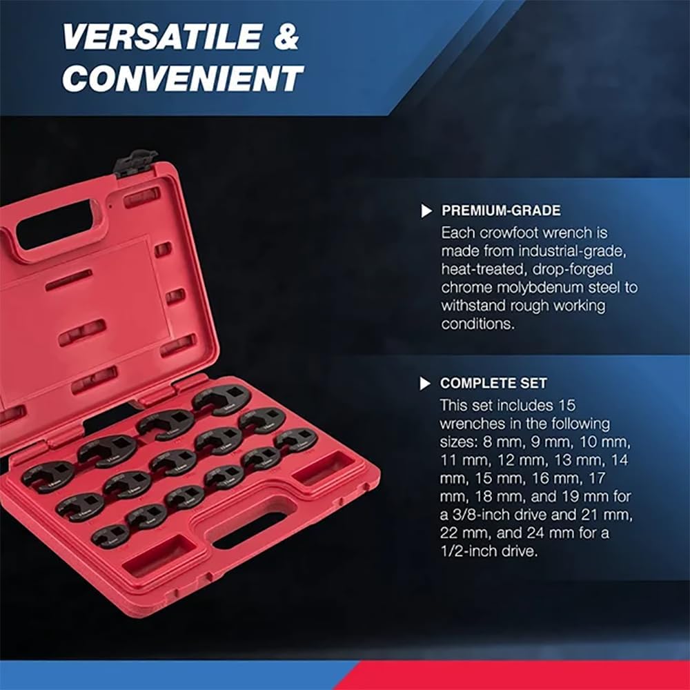 Neiko 03324A Hahenfussschlüssel-Set 1/2 Zoll und 3/8 Zoll Antrieb, 15-teilig, metrische Krähenfusssc