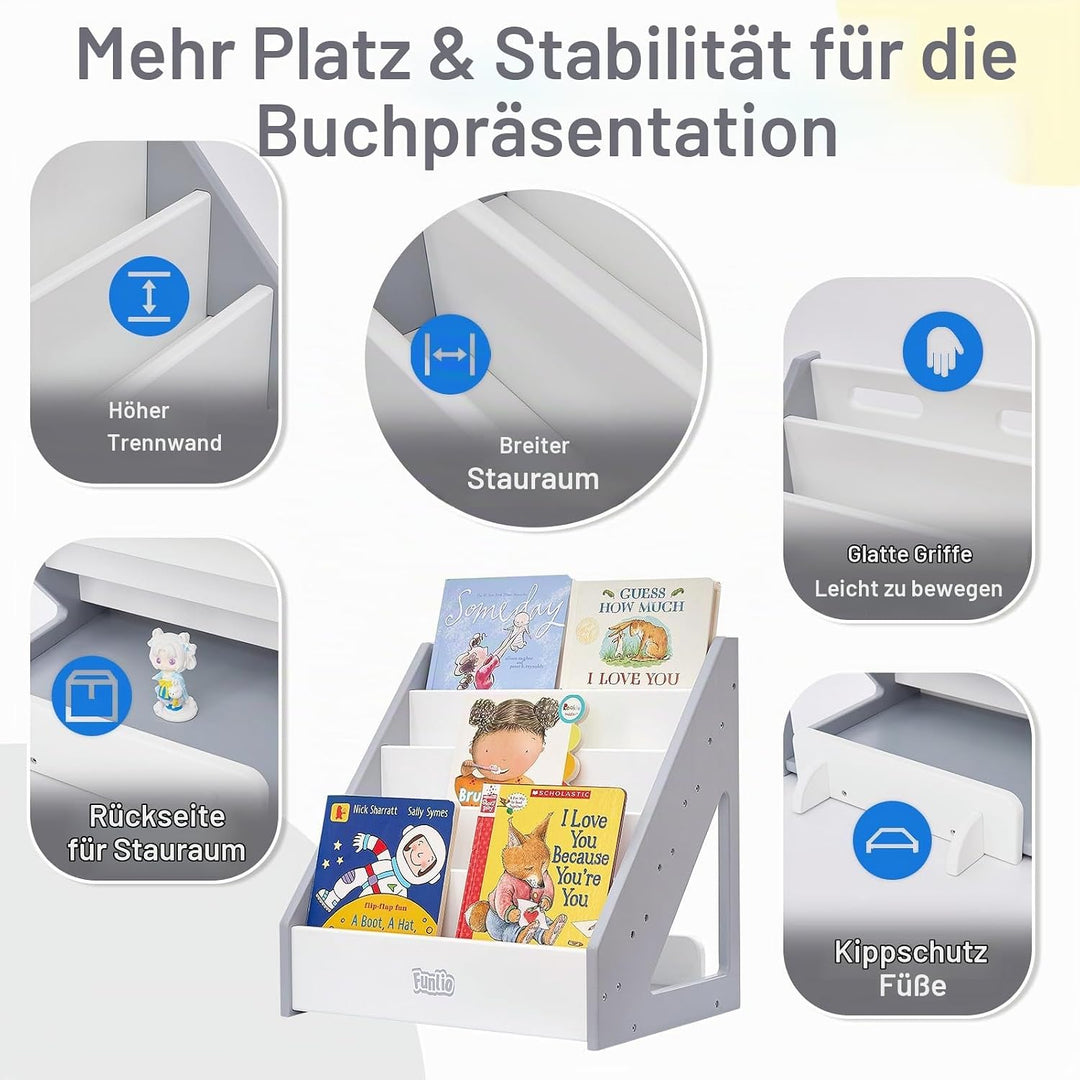 FUNLIO Montessori Bücherregal für Kleinkinder 1-5 Jahre, frontales Kinderbuchregal mit Griff und Kip