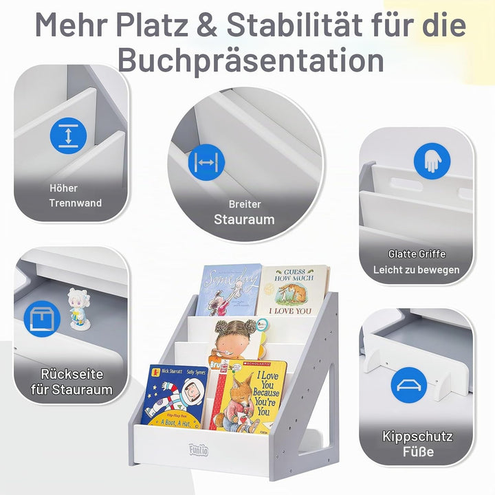 FUNLIO Montessori Bücherregal für Kleinkinder 1-5 Jahre, frontales Kinderbuchregal mit Griff und Kip