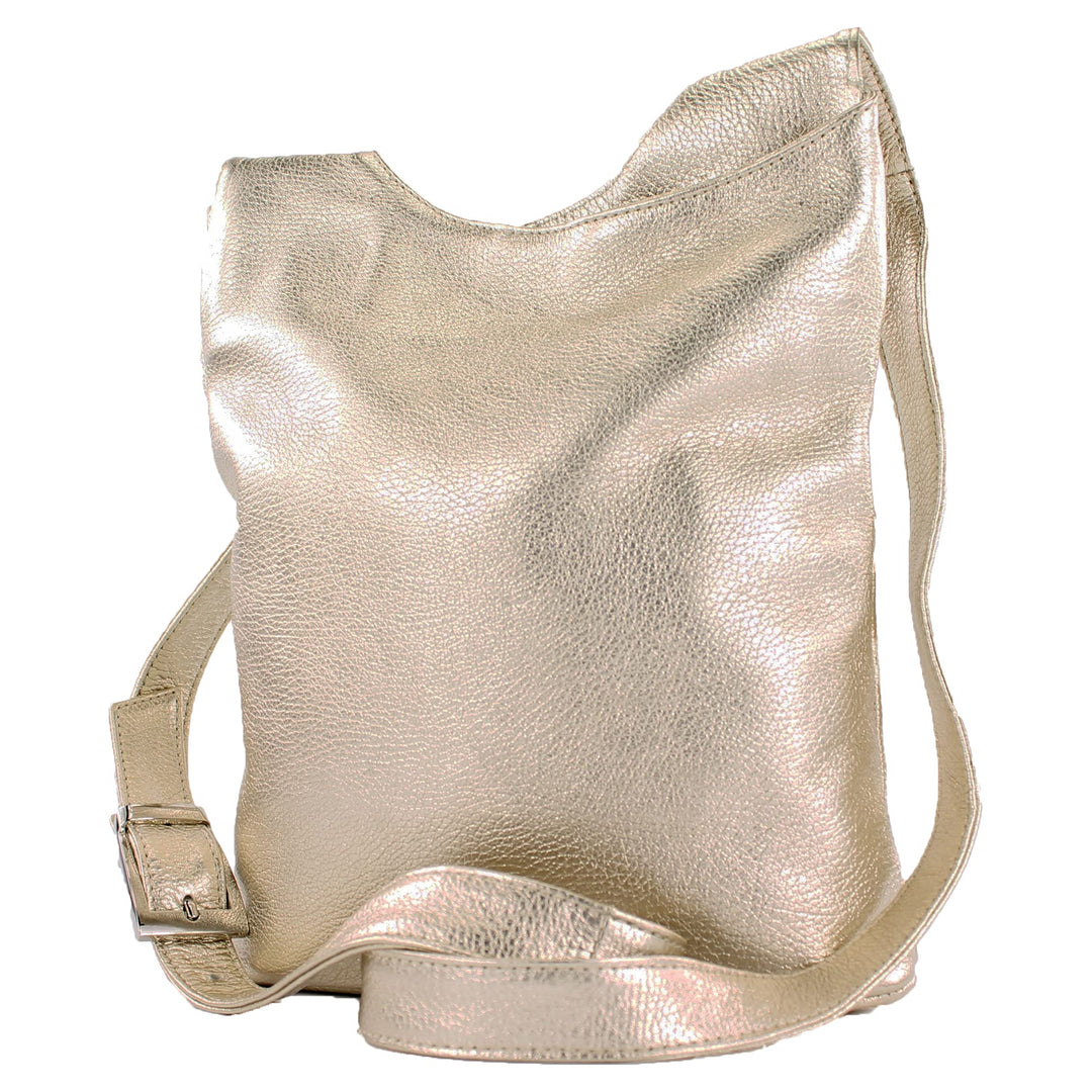 modamoda de - T221 - ital. Umhängetasche Schultertasche Medium aus Leder Lightgold Metallic, Lightgo