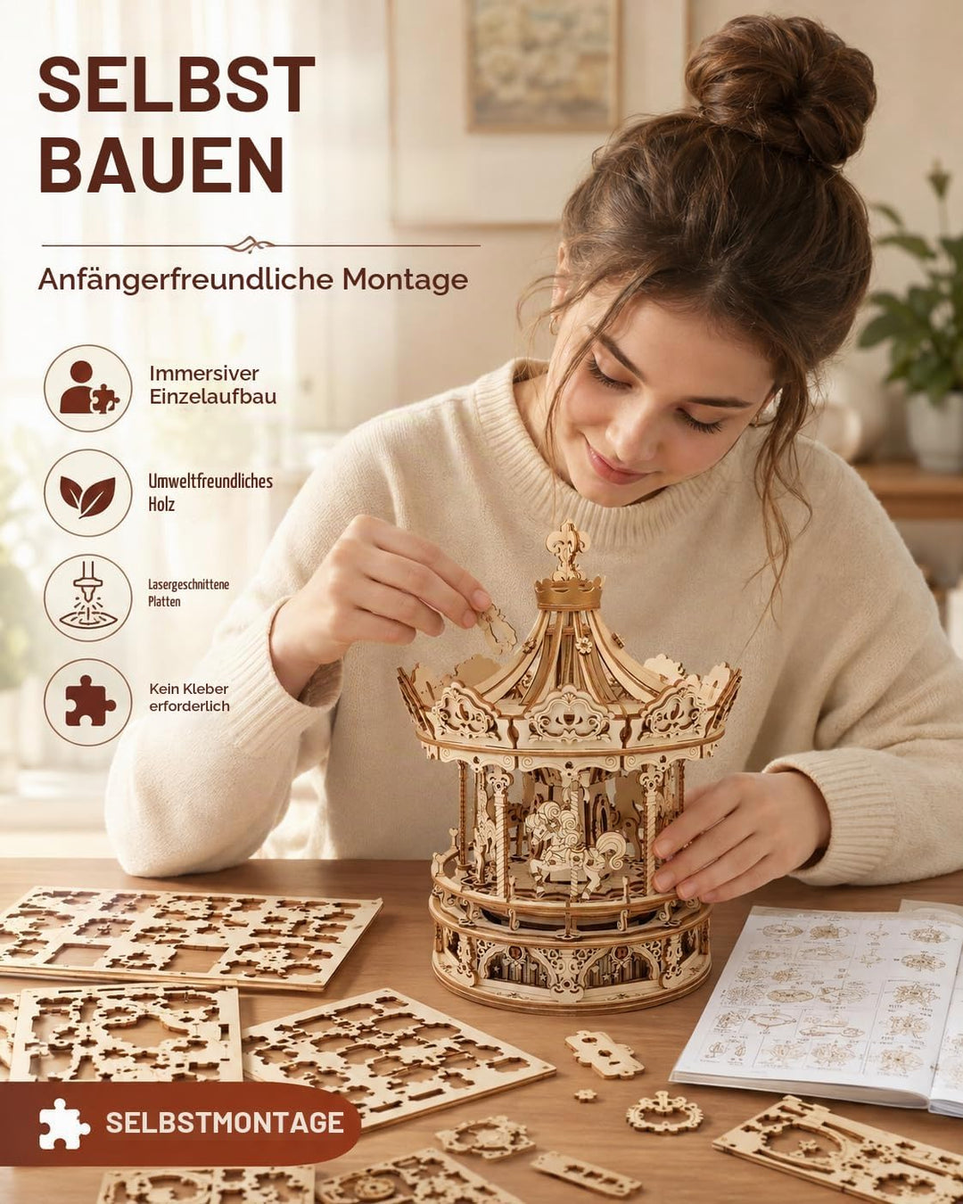 ROKR Hölzerne Mechanische 3D Puzzle für Erwachsene Kinder Modellbausatz Karussell