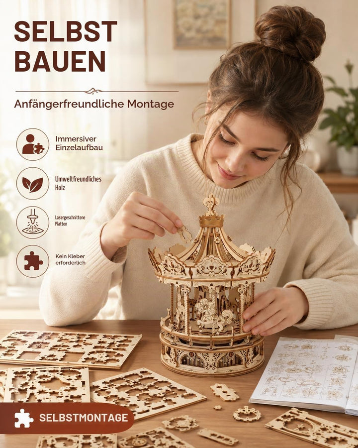 ROKR Hölzerne Mechanische 3D Puzzle für Erwachsene Kinder Modellbausatz Karussell