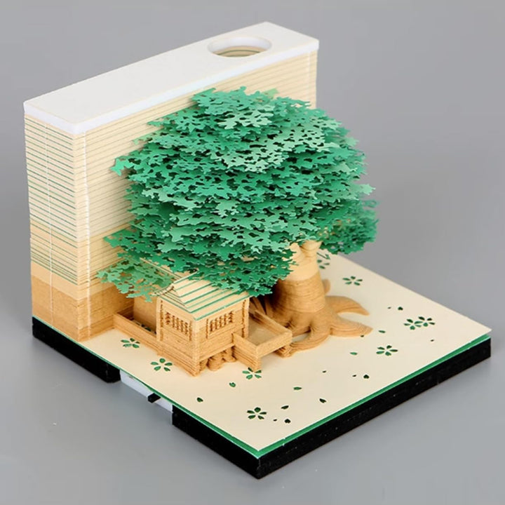 MEICHI 3D Notizblock, nicht verklebt, 3D Baumhaus (Grün) Papierkunst mit Anzeigebox glasklar, 9 x 9