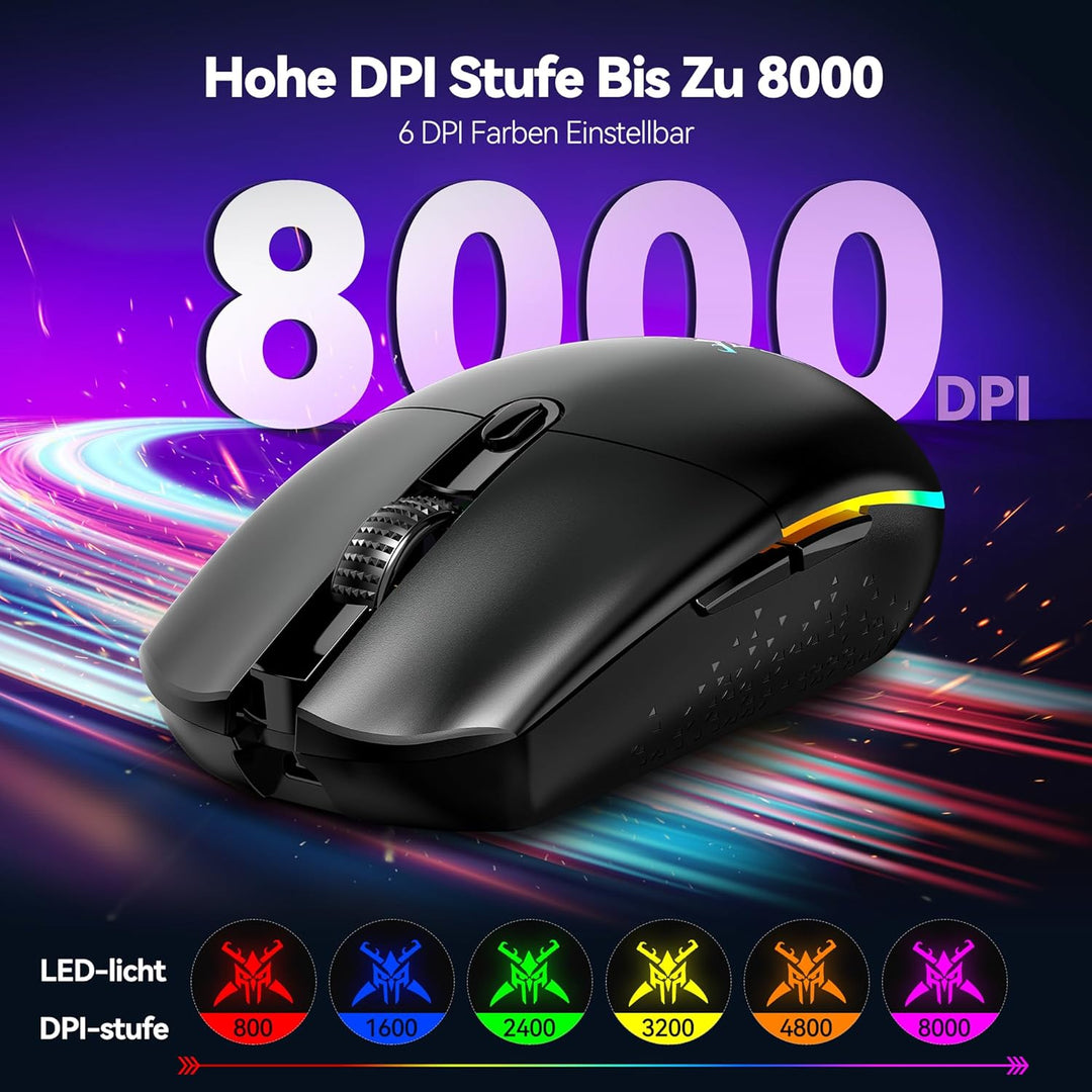 TECKNET Kabellose Gaming-Maus, RGB 2.4G/USB-C Kabelgebundene Gaming-Maus, 8000 DPI Wiederaufladbar,