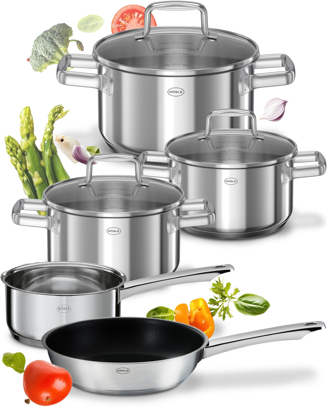 RÖSLE Moments Topfset Induktion 5-tlg. – Edelstahl Kochtopfset mit Aluminiumkern, 3 Töpfe, 1 Kassero