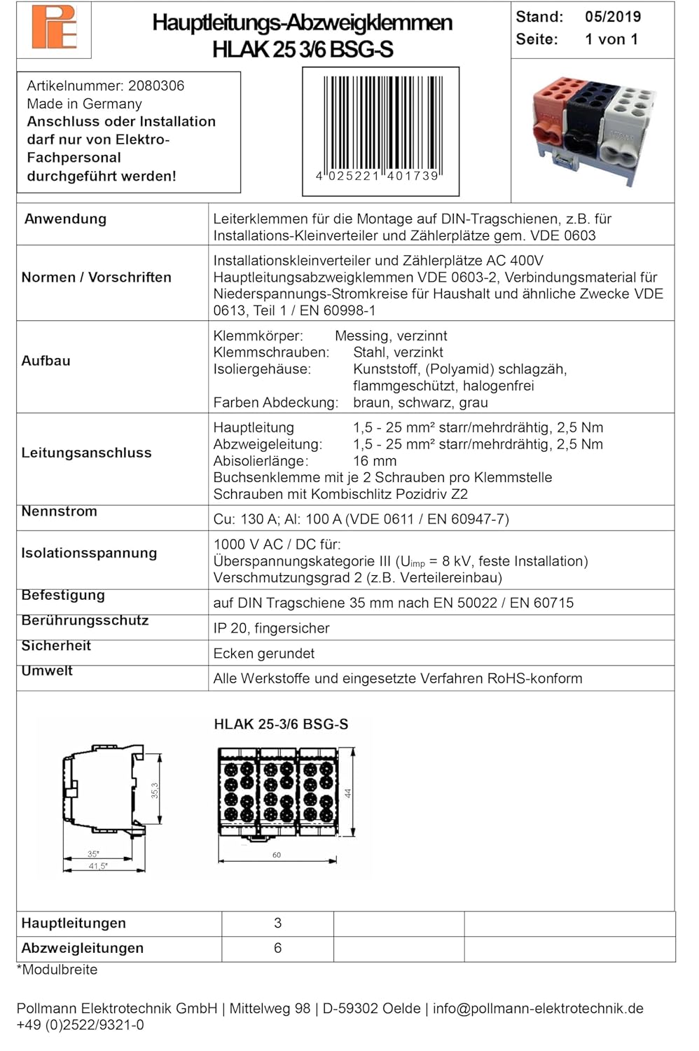 Pollmann Hauptleitungs-Abzweigklemme HLAK 25-3/6 BSG-S, 1 Stück