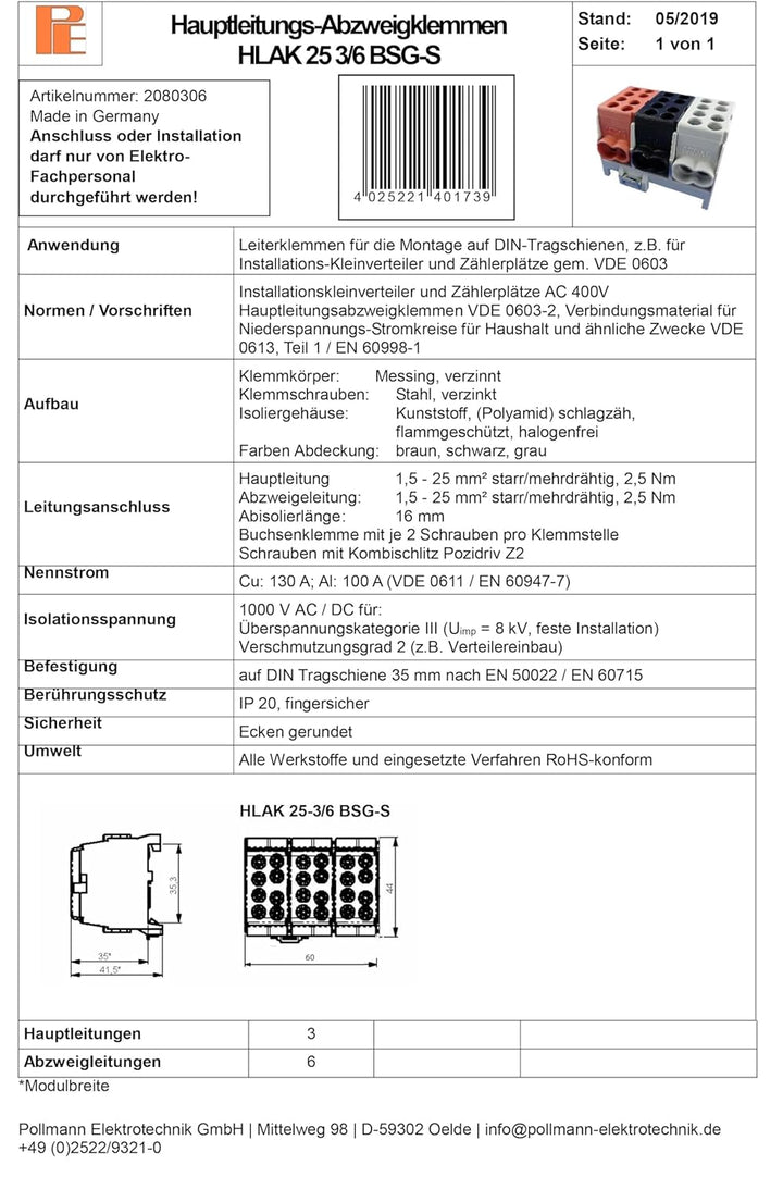 Pollmann Hauptleitungs-Abzweigklemme HLAK 25-3/6 BSG-S, 1 Stück