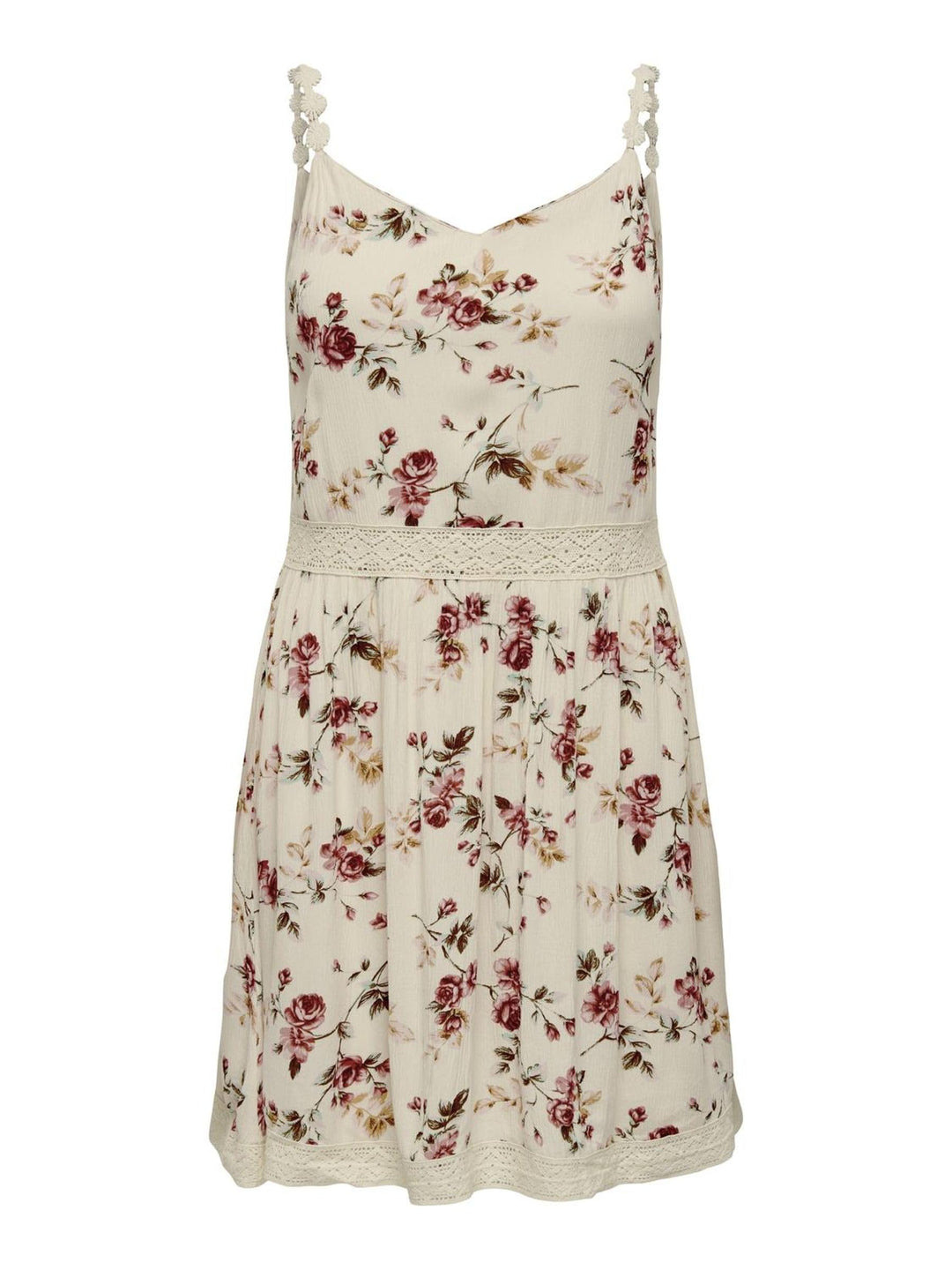 Only Damen Kleid Karmen Anne Träger-Kleid mit Blumen-Muster 15177478 Creme brûlée: Rose Flower 34 EU