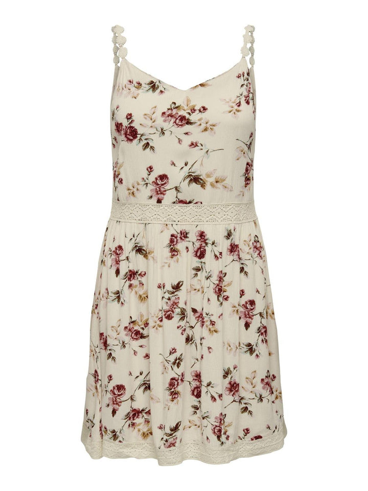 Only Damen Kleid Karmen Anne Träger-Kleid mit Blumen-Muster 15177478 Creme brûlée: Rose Flower 34 EU