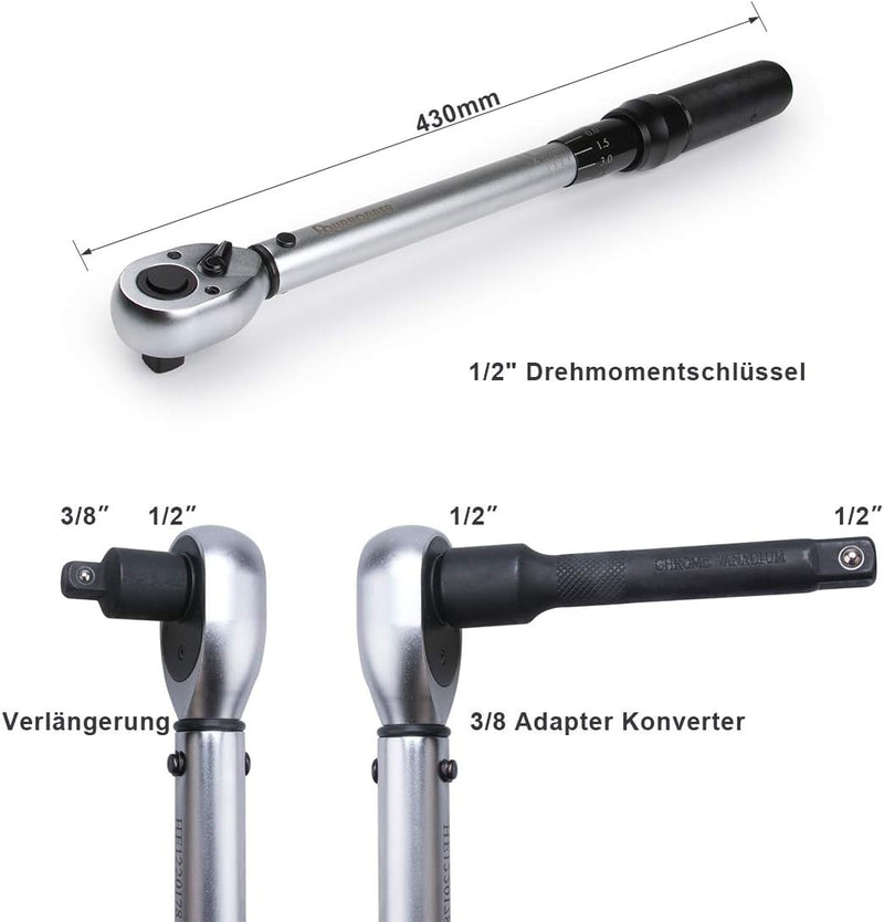 FOURRROBER Drehmomentschlüssel Set 25-220 Nm,1/2" (12.6 mm) Sparset inkl. Adapter, Verlängerung und