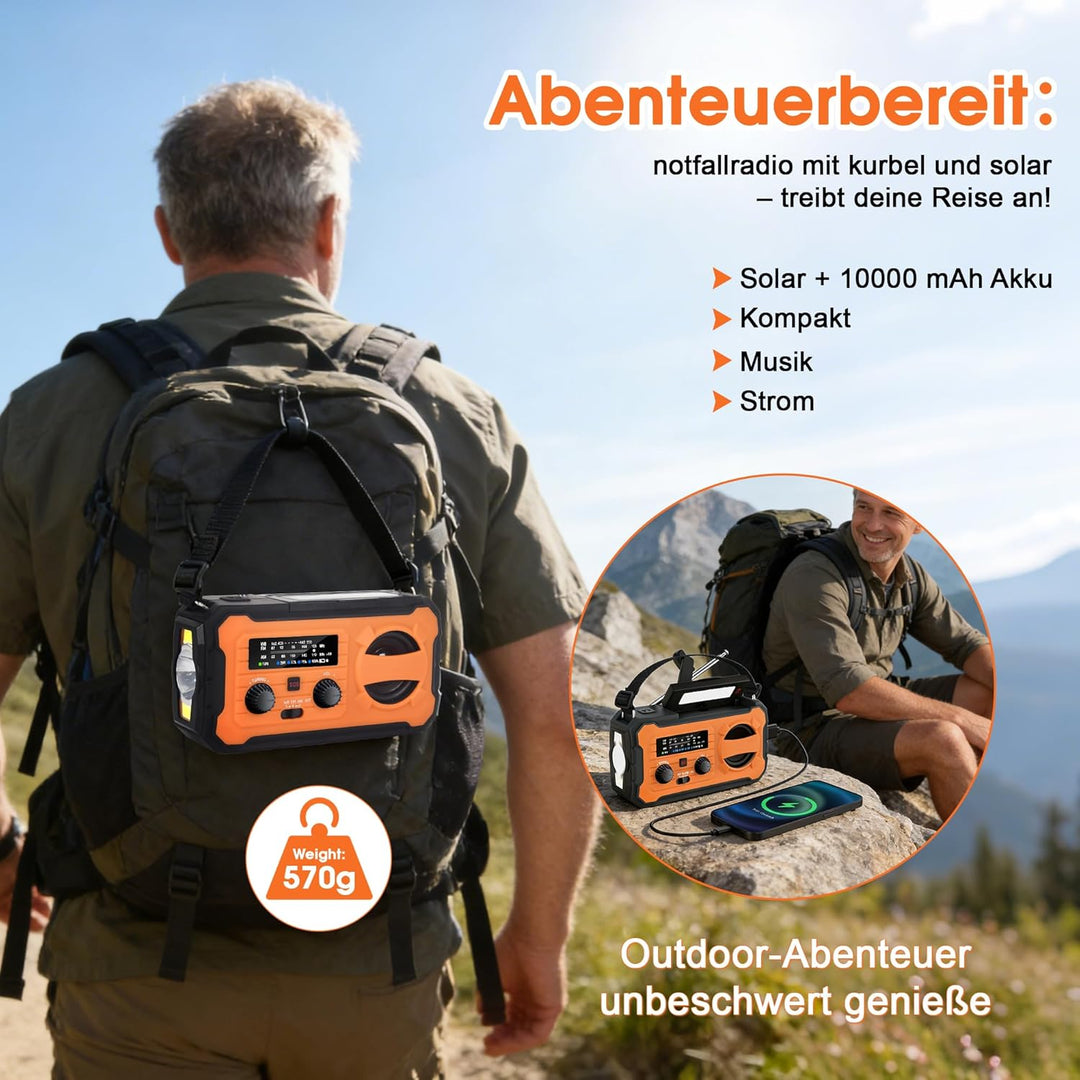 Kurbelradio, Tragbares Solarradio mit AM/FM, 10000mAh Powerbank, Notfallradio mit SOS-Alarm, LED-Tas