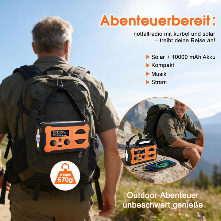Kurbelradio, Tragbares Solarradio mit AM/FM, 10000mAh Powerbank, Notfallradio mit SOS-Alarm, LED-Tas