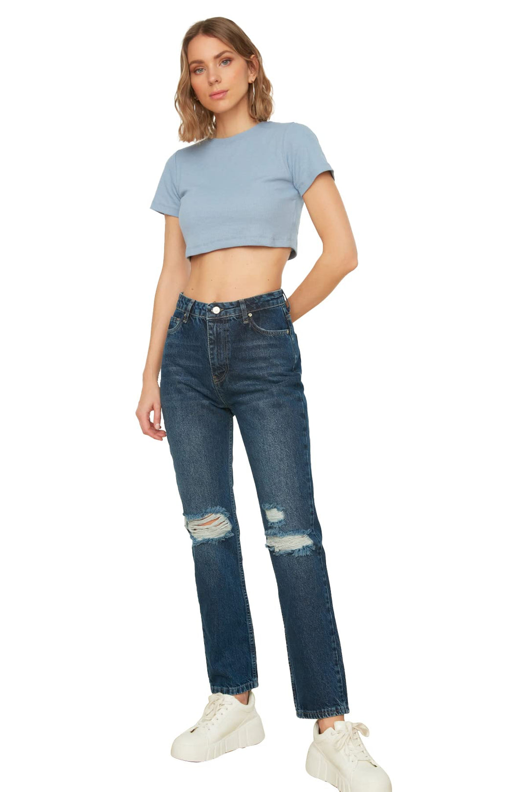 TRENDYOL Damen Zerrissene Detaillierte Hohe Taille-Bootcut Jeans, 34