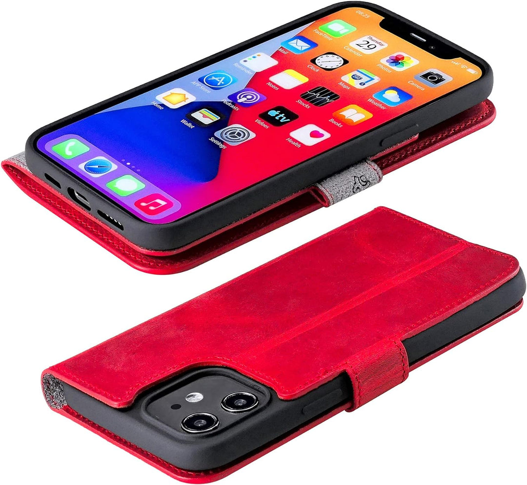 Suncase Book-Style Hülle kompatibel mit iPhone 12 Mini (5.4") Leder Tasche (Slim-Fit) Lederhülle Han