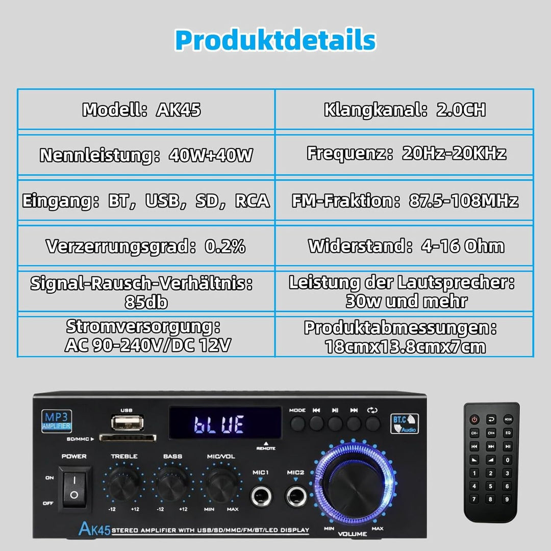 AK45 HiFi Bluetooth Verstärker Mini Stereo Audio Receiver 2.0 Kanal Endverstärker Soundverstärker mi