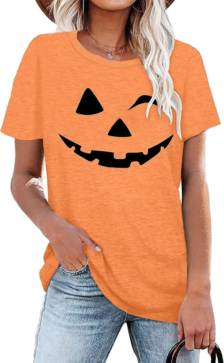 Damen Halloween KüRbisgesicht T-Shirt Frauen KüRbis Shirt Herbst Karneval Shirts L Orange2, L Orange