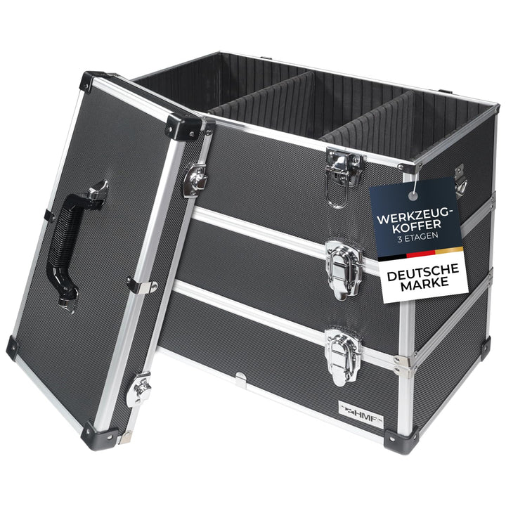 HMF 14661-02 Alu Werkzeugkoffer leer, 3 Etagen, 44 x 45 x 24 cm, schwarz, 3 Etagen