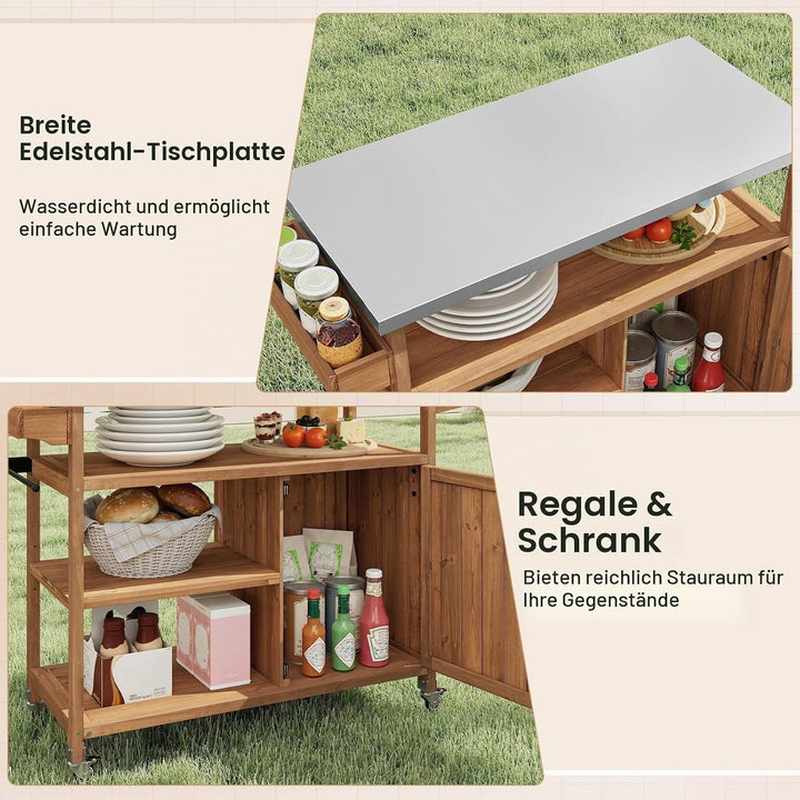 GIANTEX Grillwagen Servierwagen Outdoor, Küchenwagen auf Rollen, Kücheninsel mit Edelstahl Arbeitspl