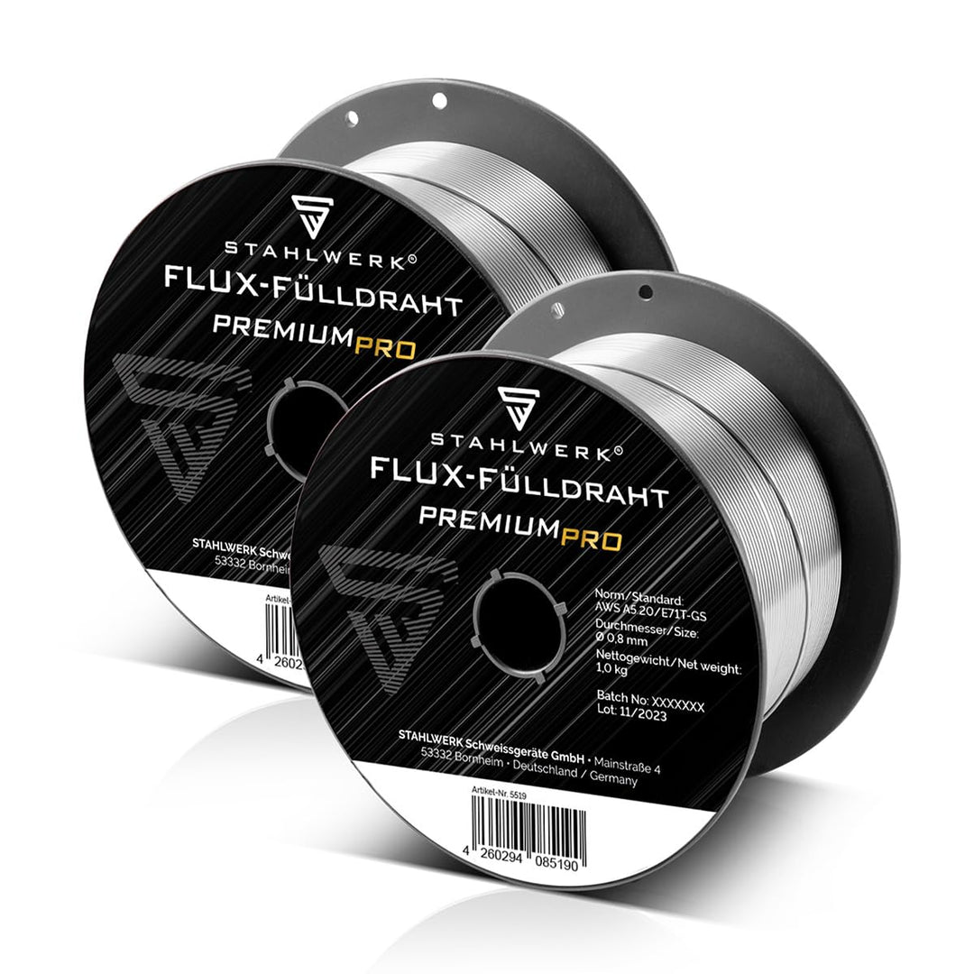 STAHLWERK FLUX Fülldraht Ø 0,8 mm E71T-GS – 2 Stück je 1 kg auf D100-Spulen | für 16 mm Dorn, univer