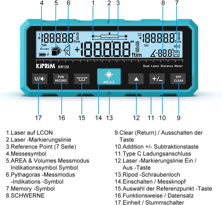Kiprim 120m Dual Laser Entfernungsmesser DR120 mit Bidirektionaler Laserausstrahlung, Vertikaler Las