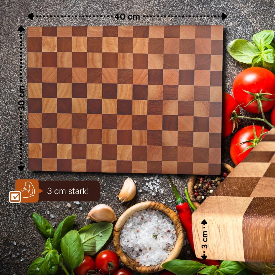 Premium Schneidebrett Schachbrett aus Akazien- und Heveaholz - mit Saftrille - 40 x 30 x 3 cm Hochwe