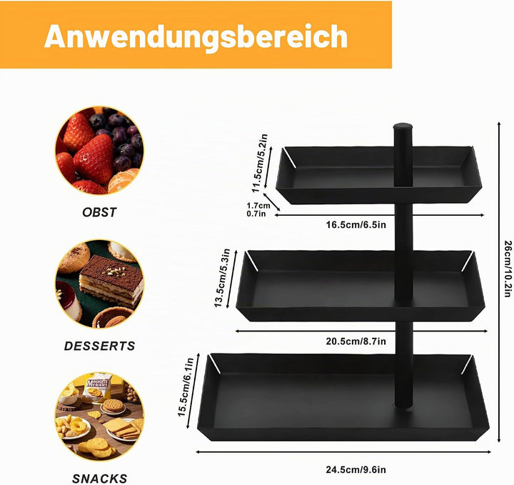 Obst Etagere 3 Stöckig, 360° Drehbare Obstschale Metall Schwarz für Desserts, Kuchen, für Partys und