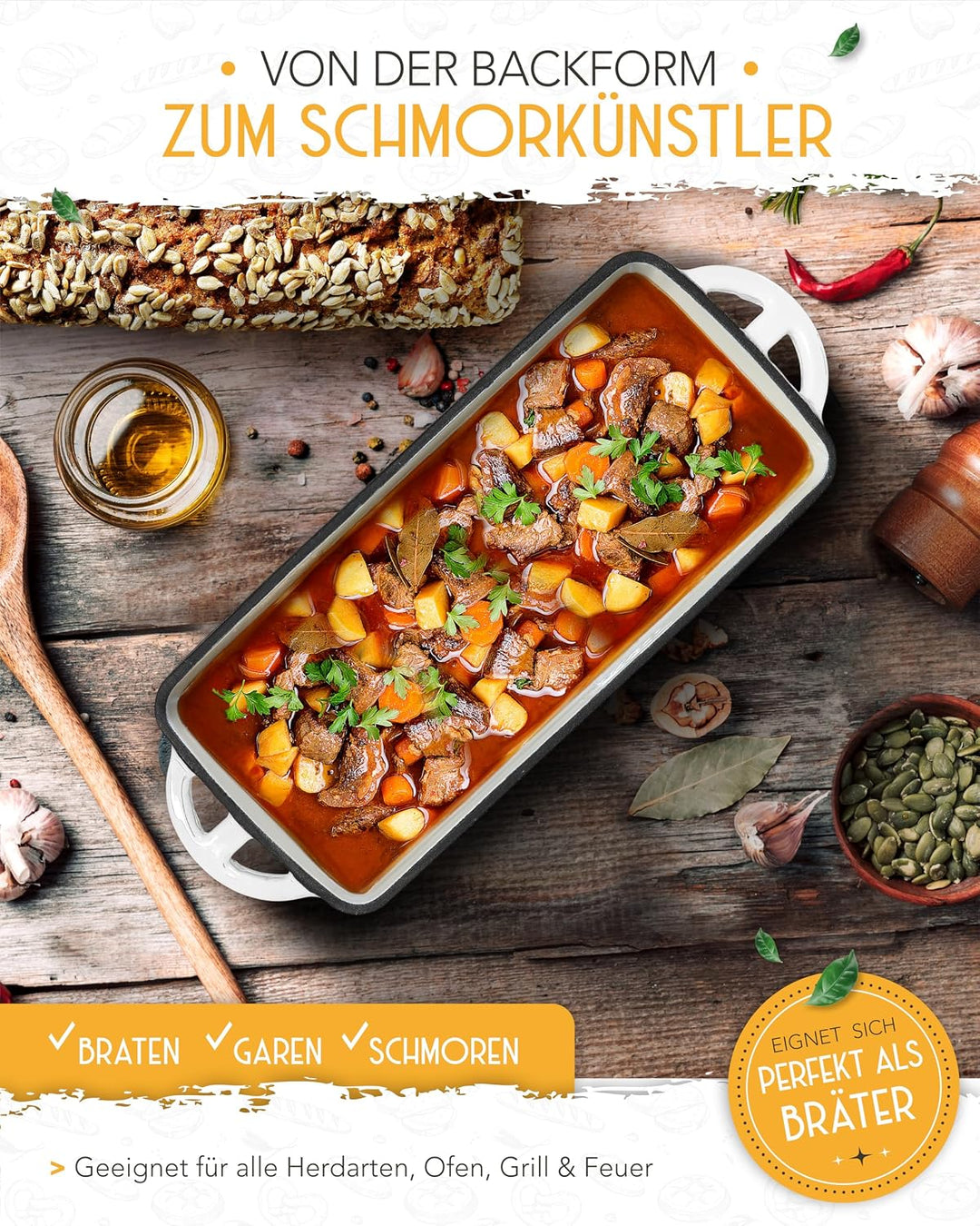 KRUSTENZAUBER Brotbackform mit Deckel emailliert im XXL-Komplettset - Robuste 28 cm Gusseisen Brotba