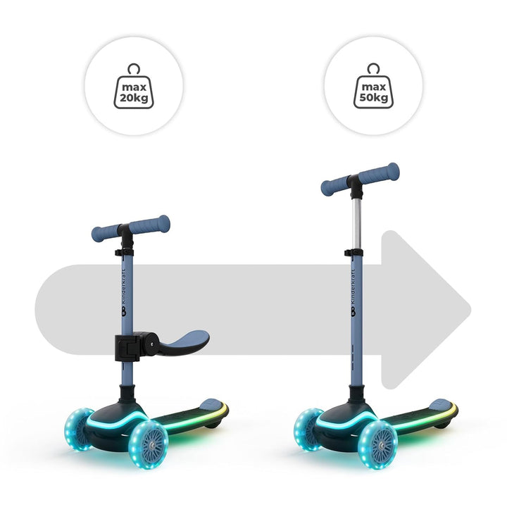 Kinderkraft RAKET UP 2-in-1 Scooter mit Sitz, LED Trittbrett, RGB Rollen, Klappbar, Leichtlaufrollen